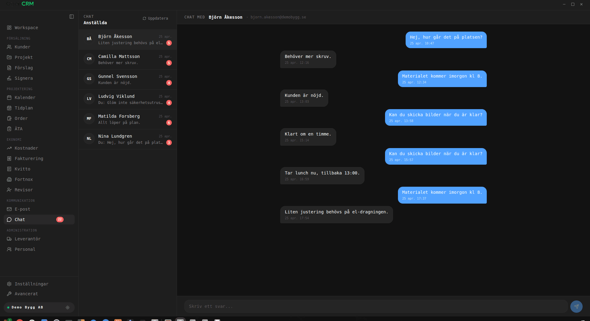 open-crm Chat — internkommunikation