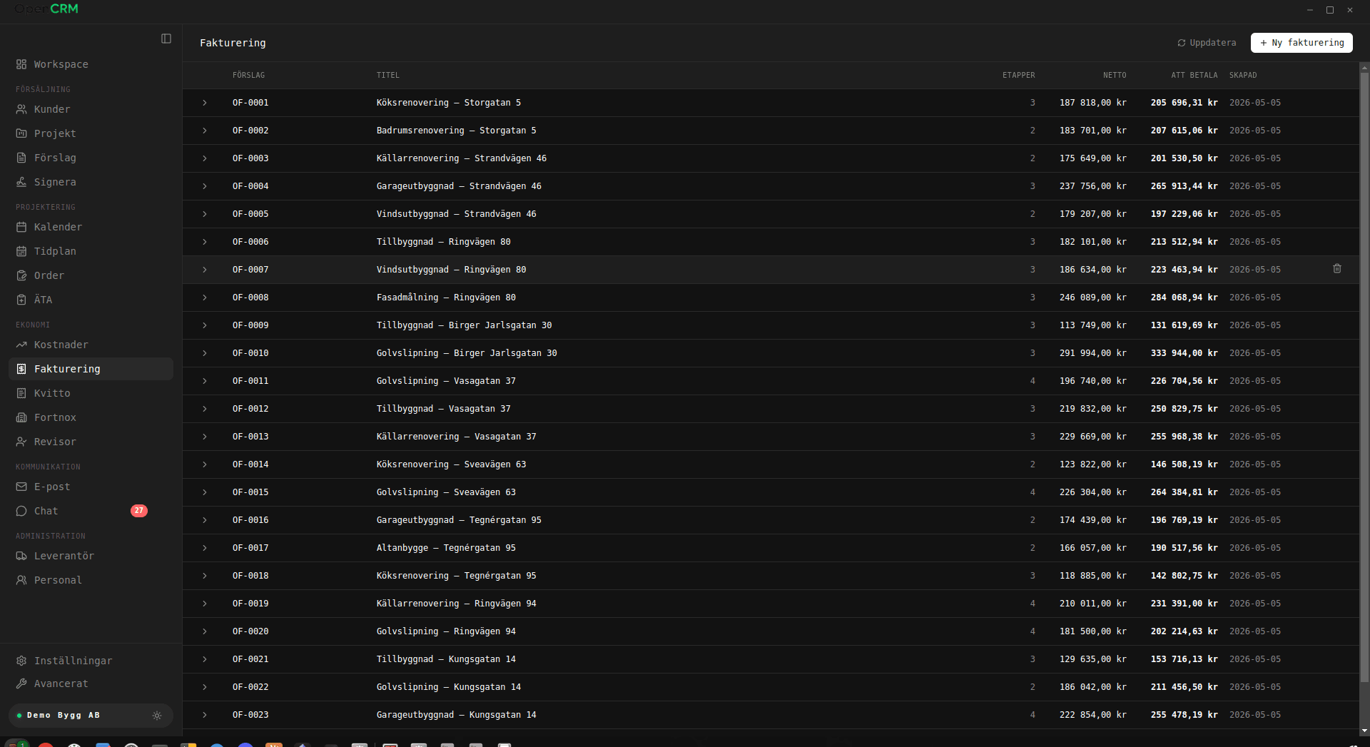 open-crm Fakturering — fakturahantering