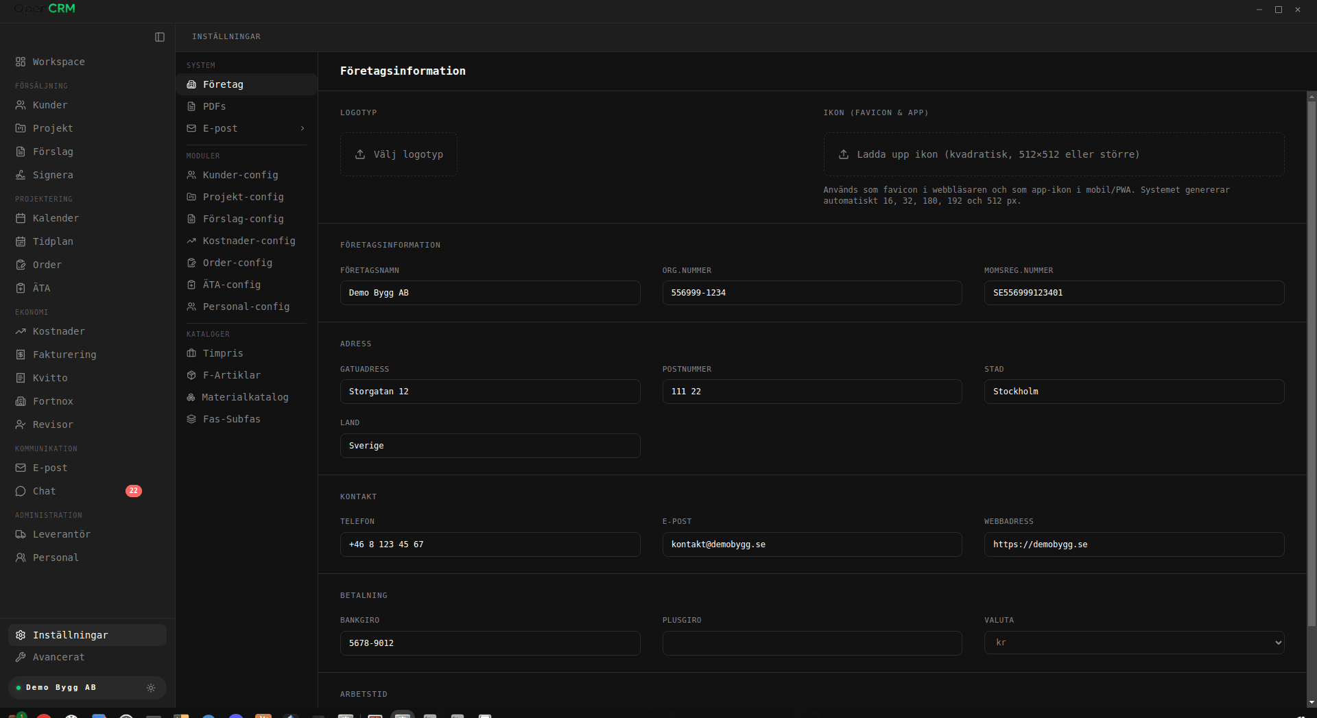 open-crm Inställningar — konfiguration