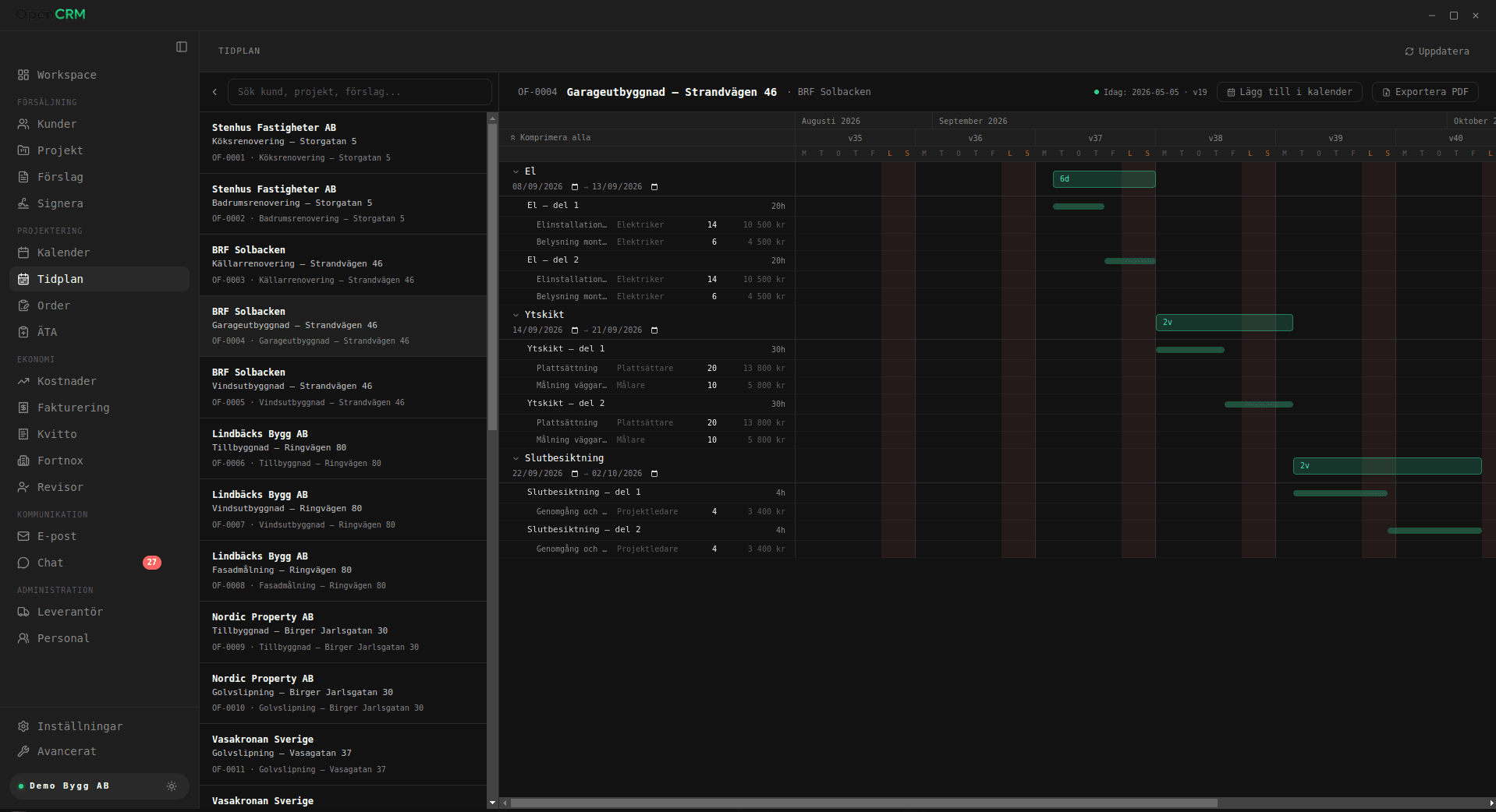 open-crm Tidplan — Gantt-vy per projekt